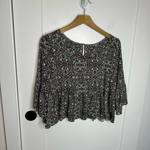 Free People Linen Floral Print Peplum Wide Sleeve Blouse Size Medium - Picture 1 of 5